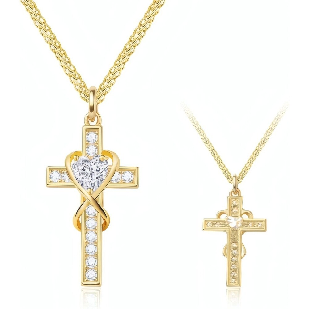 925 Sterling Silver Gold Plated Heart Cross CZ Pendant Necklace 18-20 Inch Women